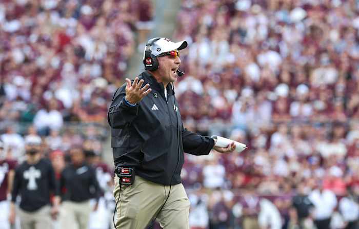 Texas A&M Aggies head coach Jimbo Fisher reacts after a play during the fourth quarter against the Alabama Crimson Tide at Kyle Field.